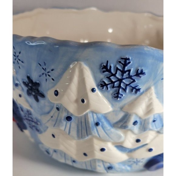 Christmas Snowman in Sweater Blue Snowflake Large Serving Bowl Homespun Holiday - Picture 8 of 10